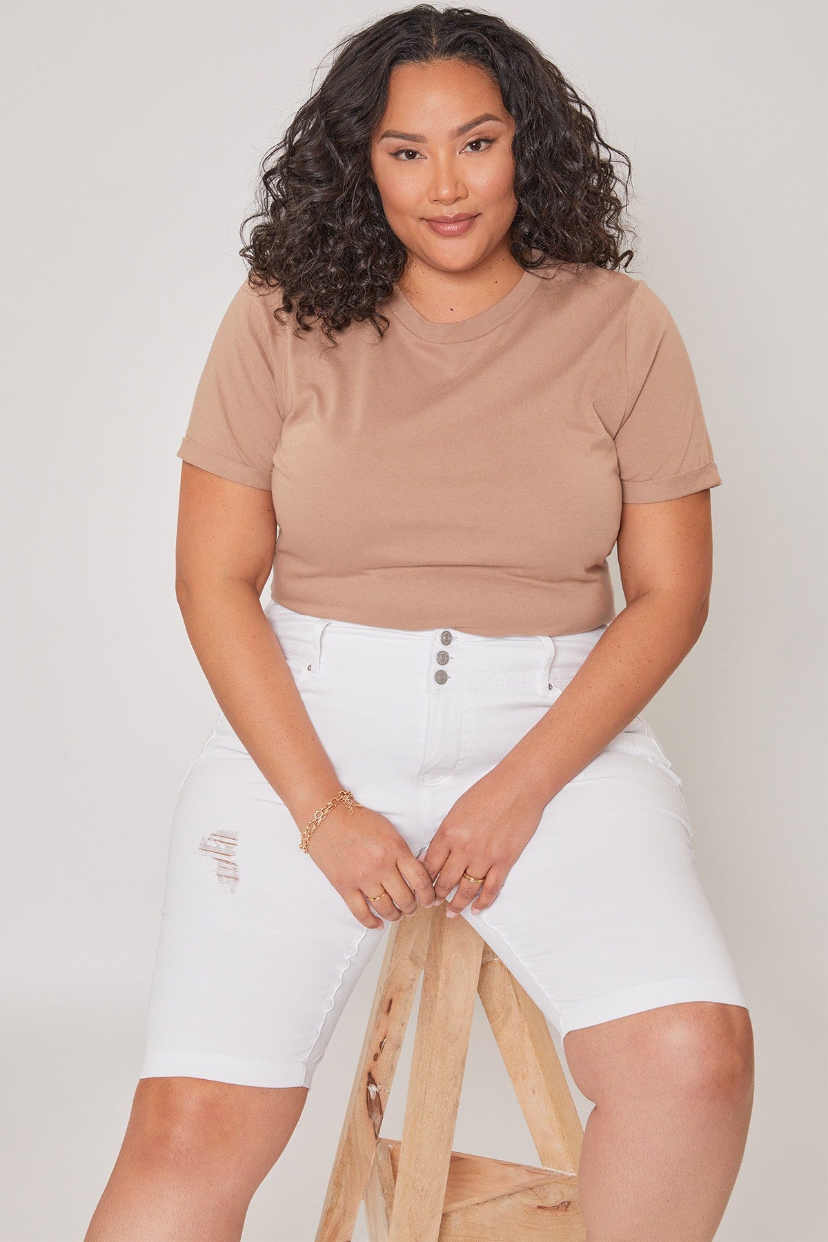 Bermuda taille haute - Blanc à effet usé