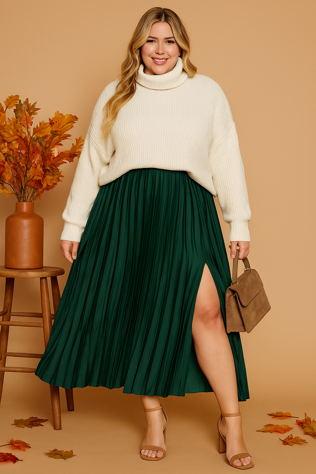 Jupe midi plissée en satin - Vert forêt