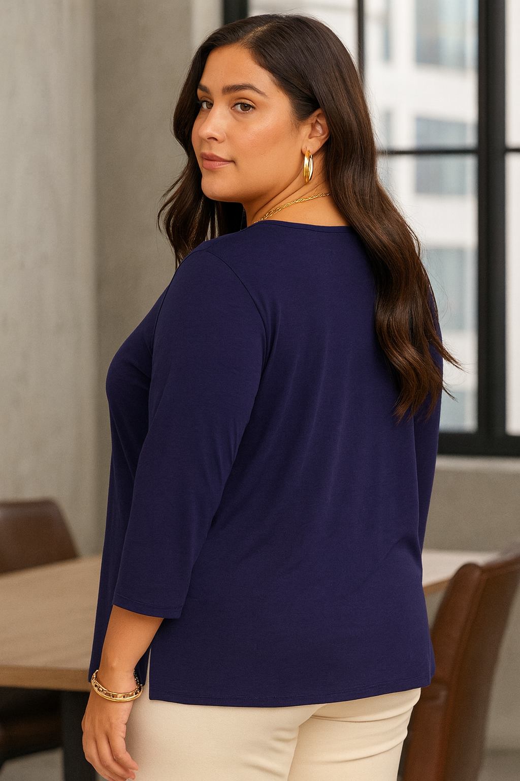 Wrinkle-free basic top 3/4 sleeve - Navy