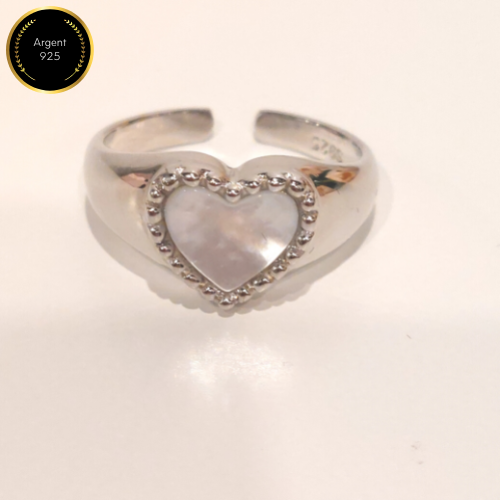 Bague ajustable coeur blanc - Argent sterling 925