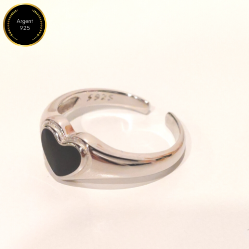 Bague ajustable coeur noir - Argent sterling 925