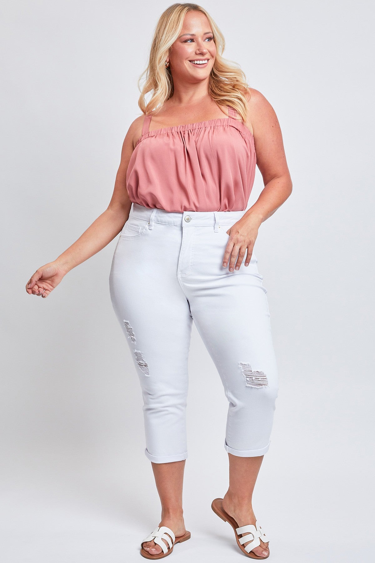 High waist capri with sheath front panel - white with worn effect