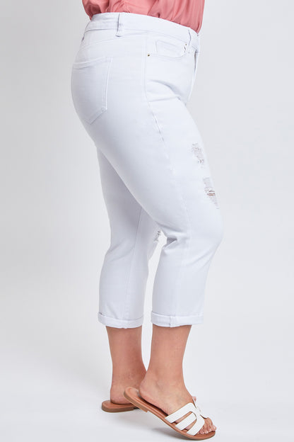 High waist capri with sheath front panel - white with worn effect
