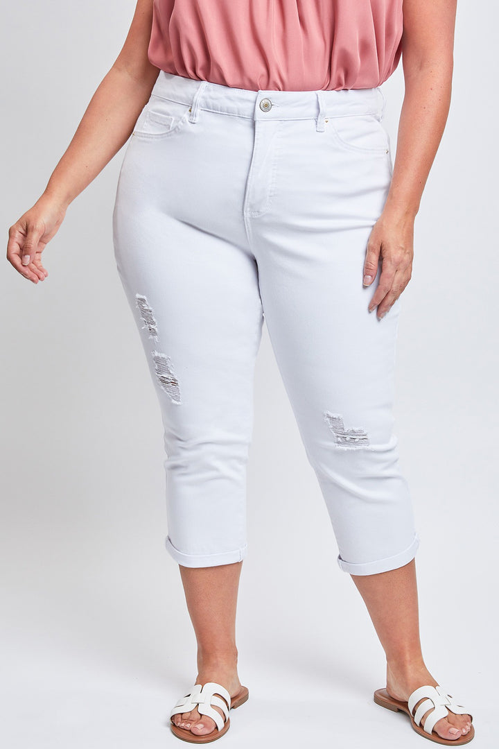 High waist capri with sheath front panel - white with worn effect