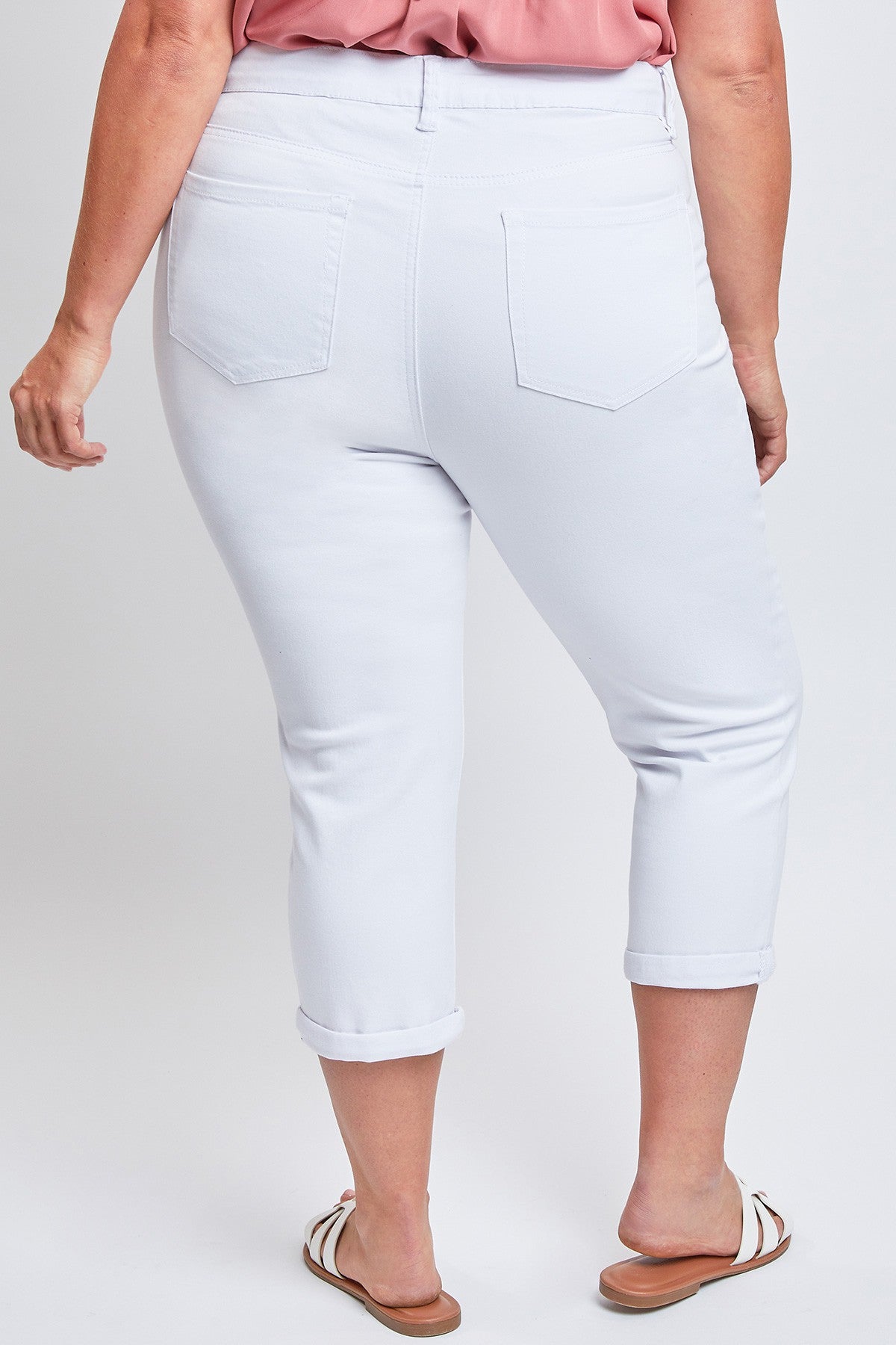 High waist capri with sheath front panel - white with worn effect