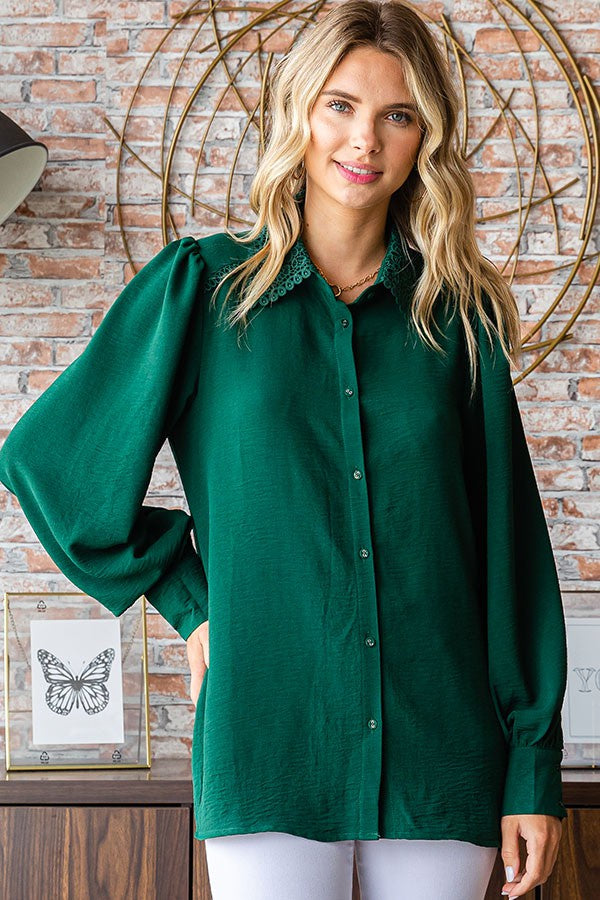 Forest green blouse with embroidered collar