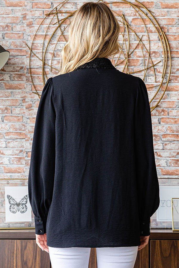 Forest green blouse with embroidered collar