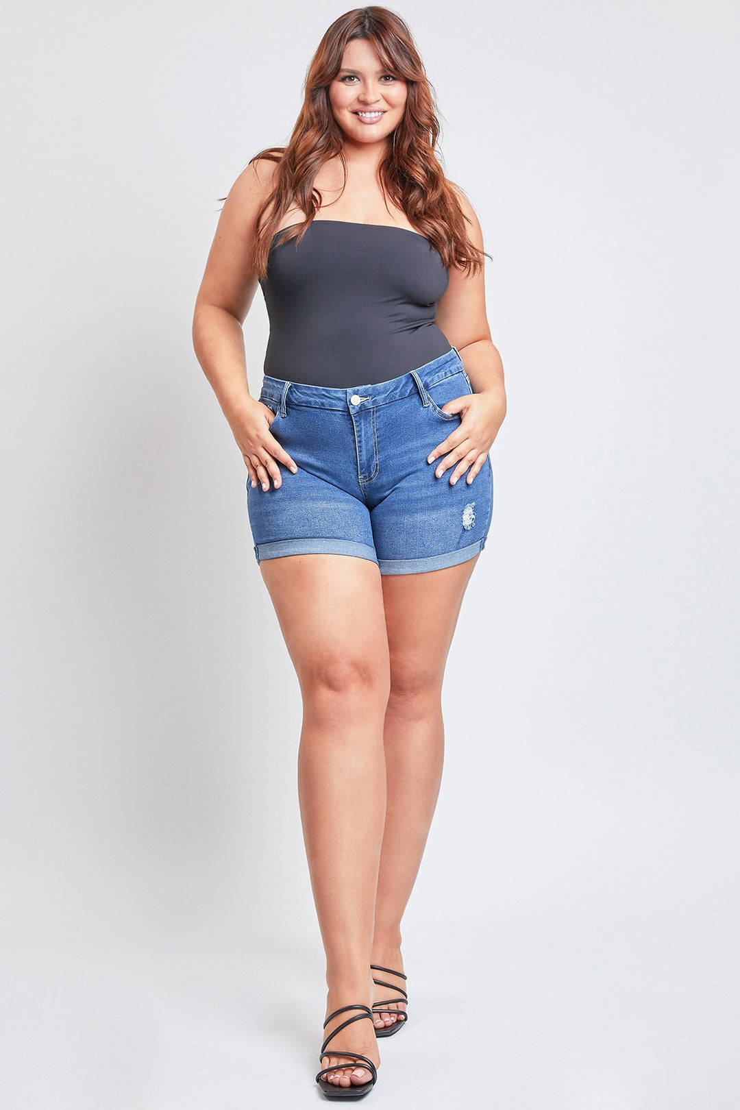 Short en jean à effet usé (bleu moyen)