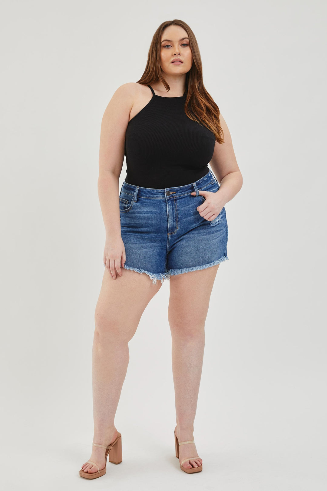 Stretch short -sized hem stretch shorts high -blue - medium blue