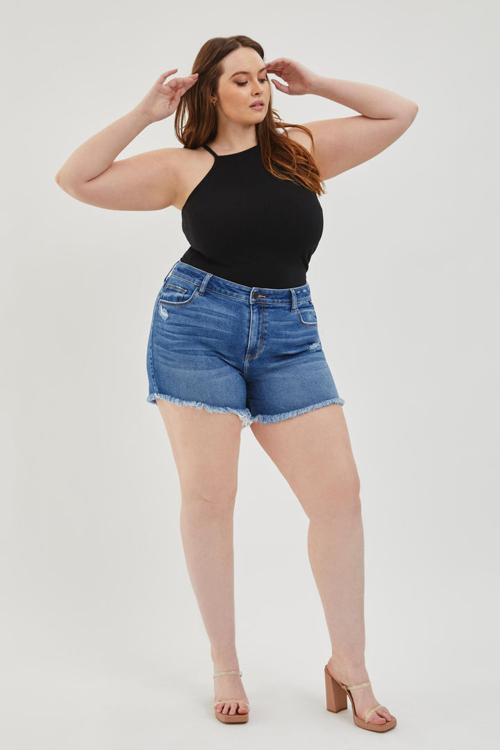 Stretch short -sized hem stretch shorts high -blue - medium blue