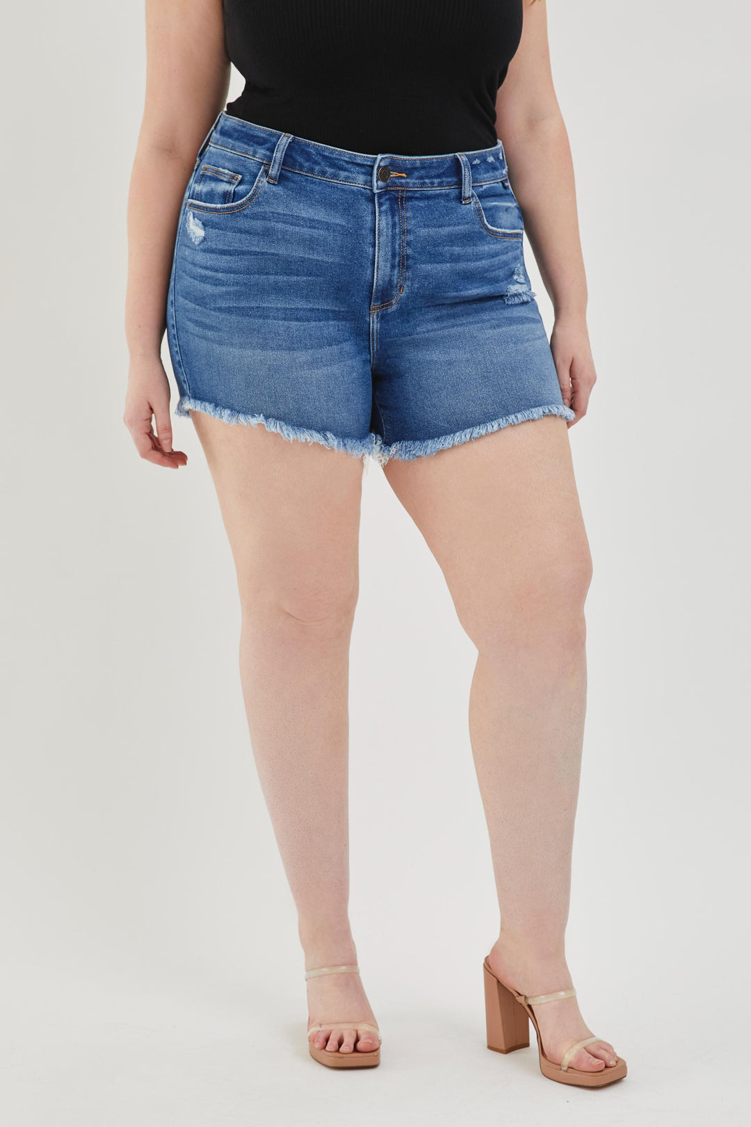 Stretch short -sized hem stretch shorts high -blue - medium blue