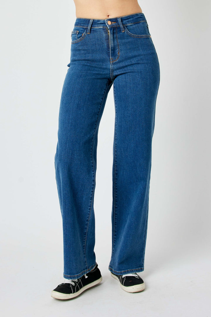 Jean extensible taille haute à jambe large