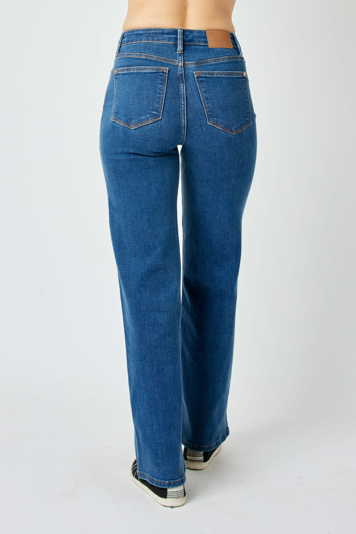 Jean extensible taille haute à jambe large