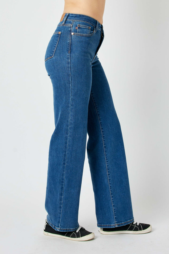 Jean extensible taille haute à jambe large