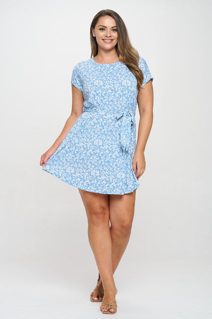 Robe t-shirt avec ceinture - Bleu pâle à petites fleurs