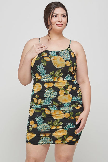 Robe camisole froncée imprimé fruits