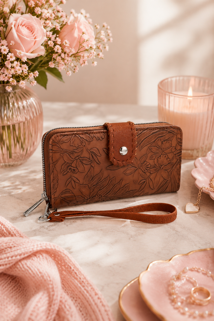 Portefeuille poignet Cognac Texturé