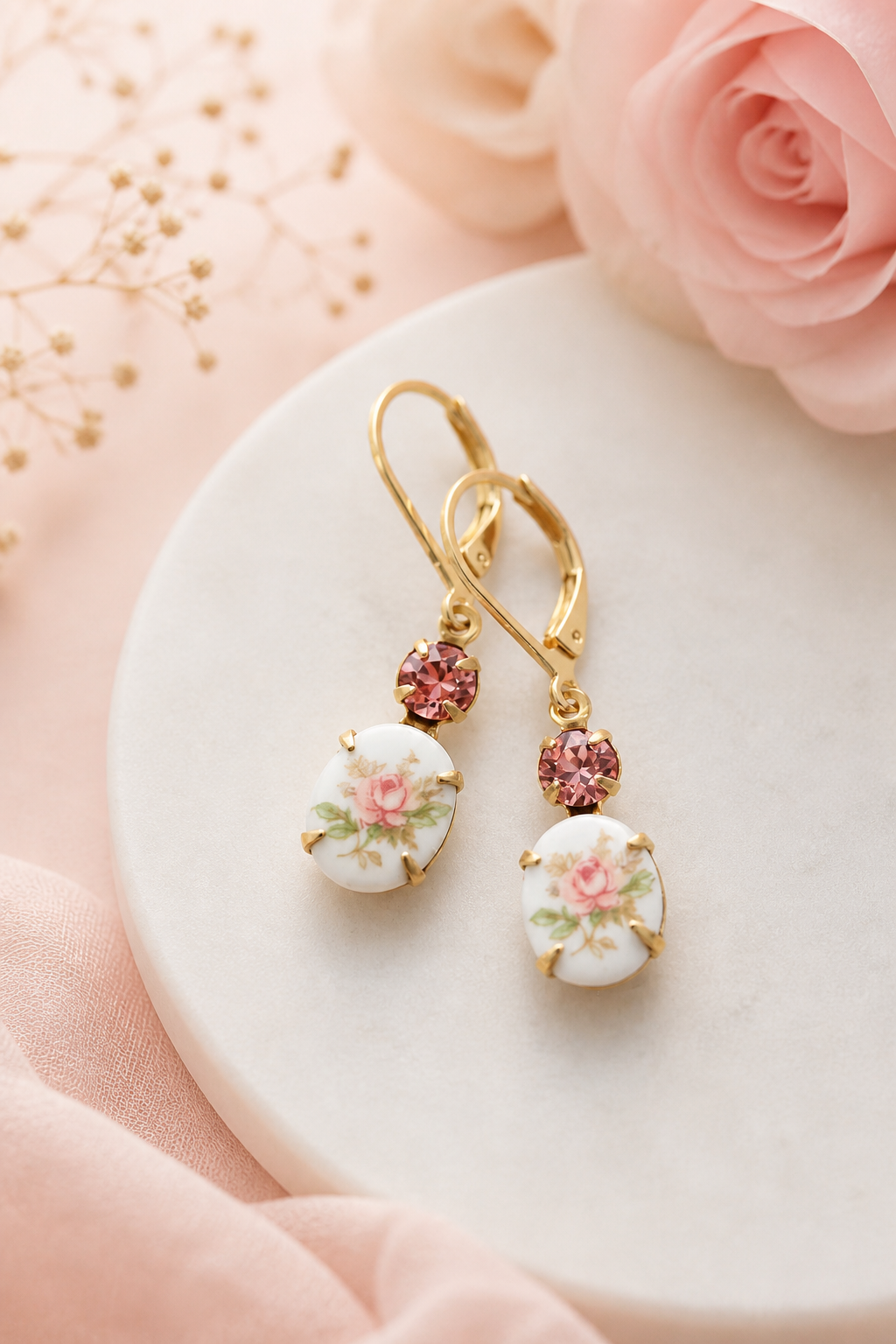 Boucles d’oreilles camée floral rose