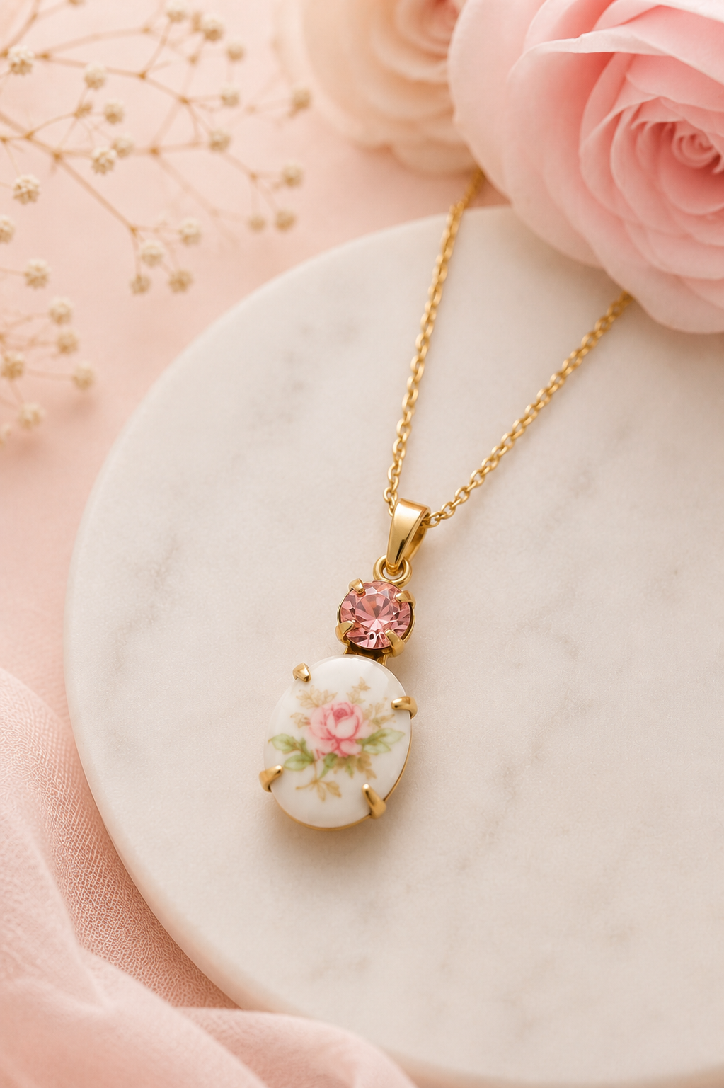 Pendentif camée floral rose (20 pouces)