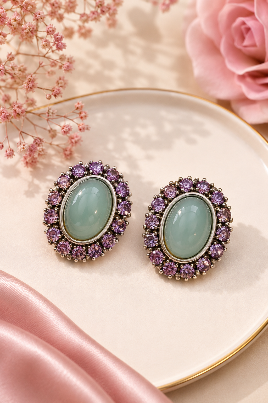 Boucles d’oreilles vintage pierre aqua & cristaux lilas