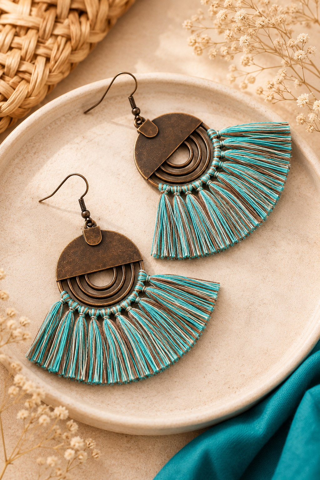 Boucles d’oreilles bohèmes à franges turquoise