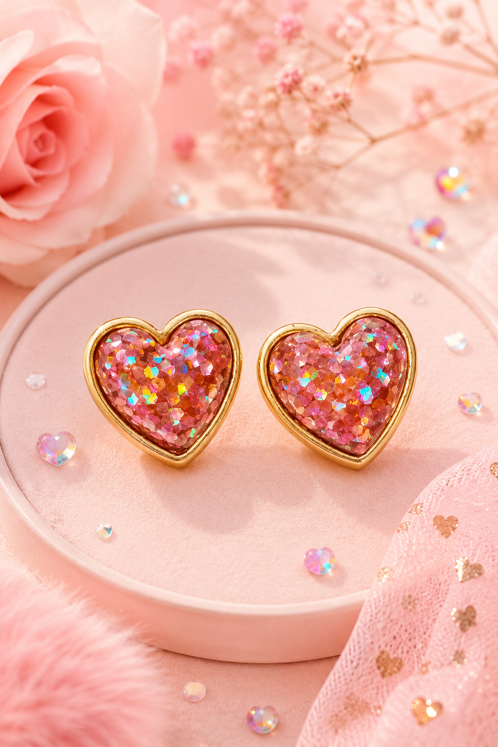 Boucles d’oreilles cœur scintillant rose