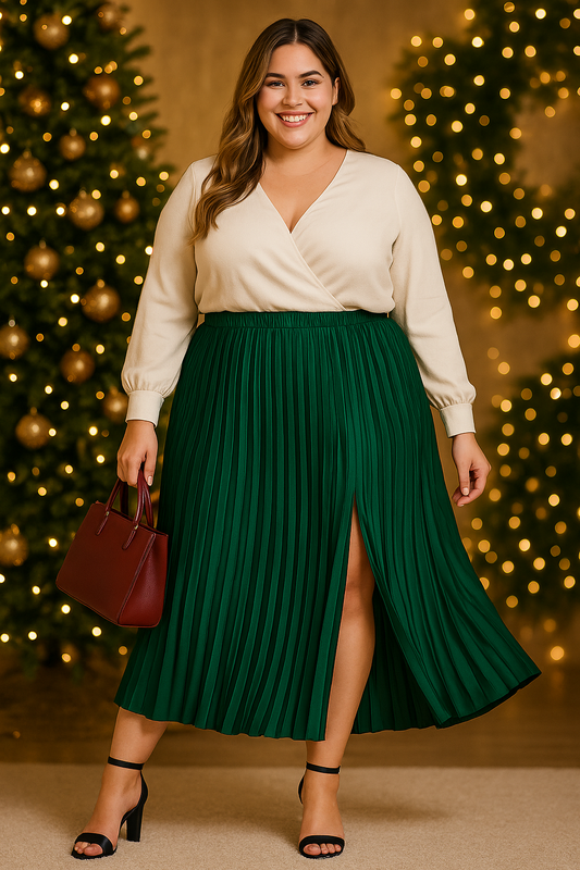 Jupe midi plissée en satin - Vert forêt