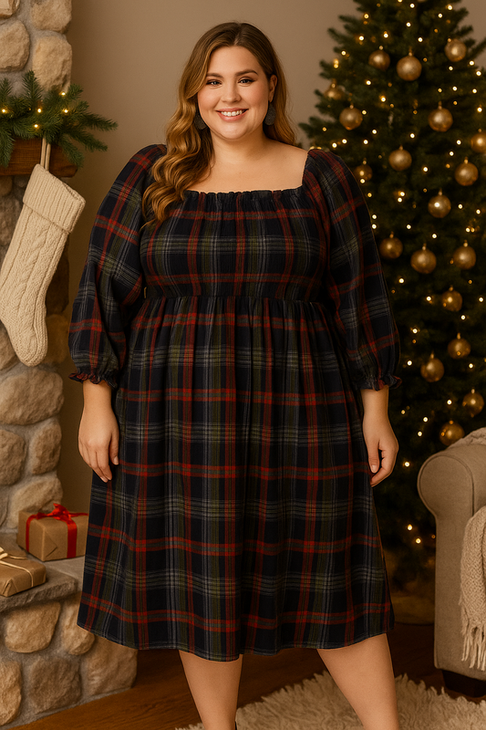 La robe douce carreautée à manches 3/4