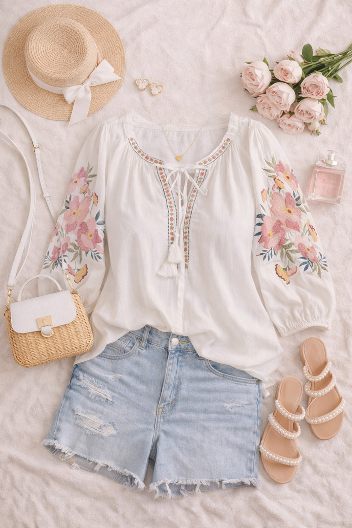 Blouse Bohème Brodée - Ivoire