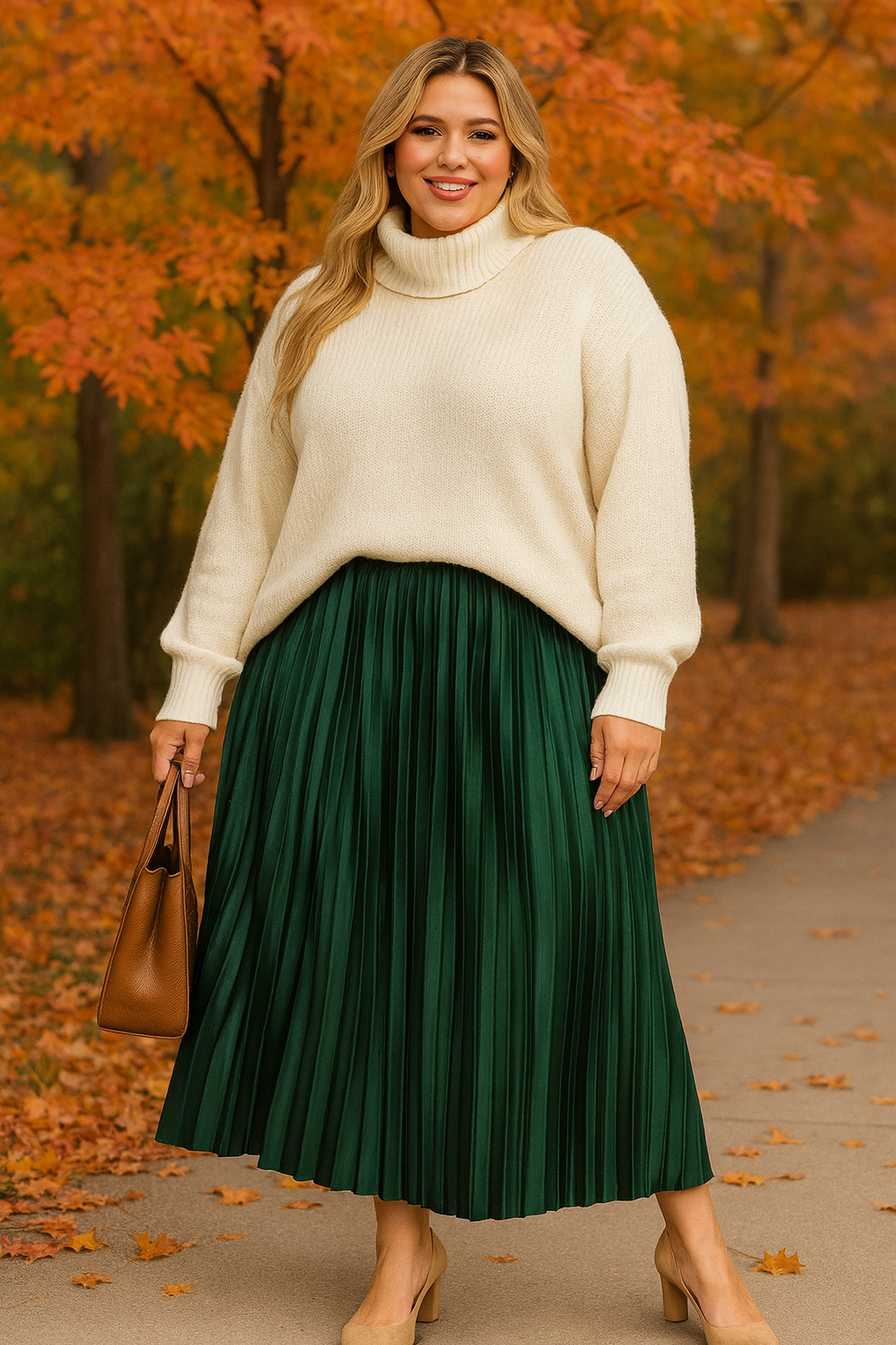 Jupe midi plissée en satin - Vert forêt