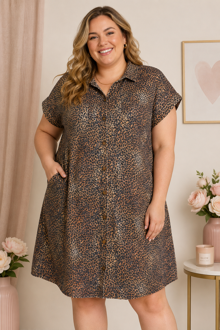 Twill leopard blouse dress with pockets