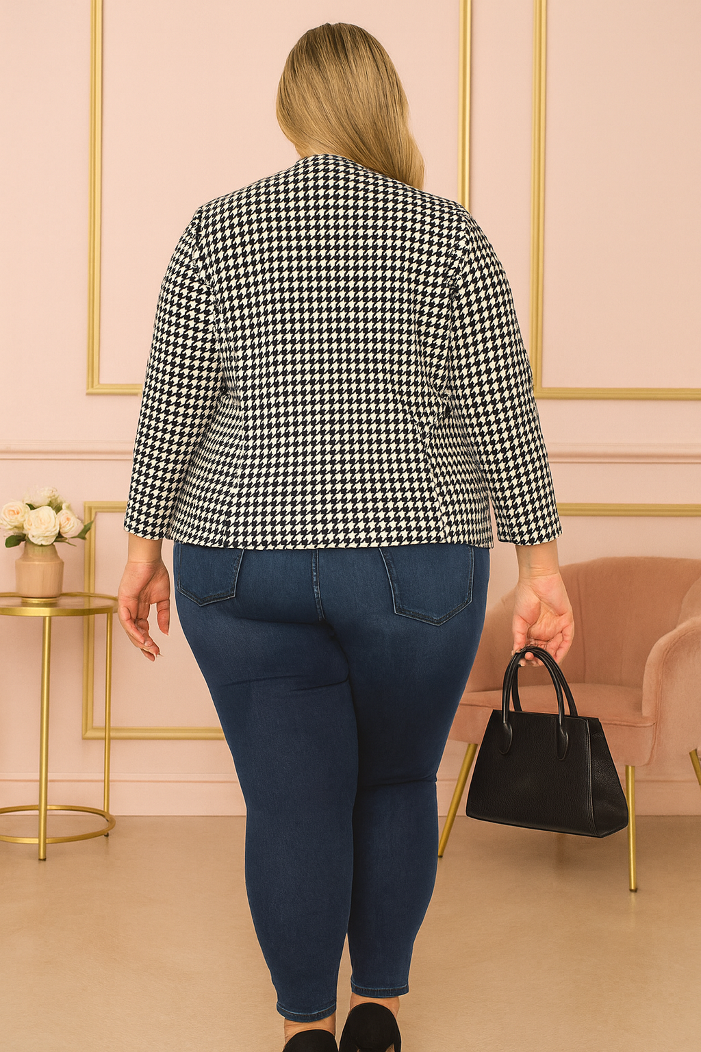 Blazer pied-de-poule à manches 3/4