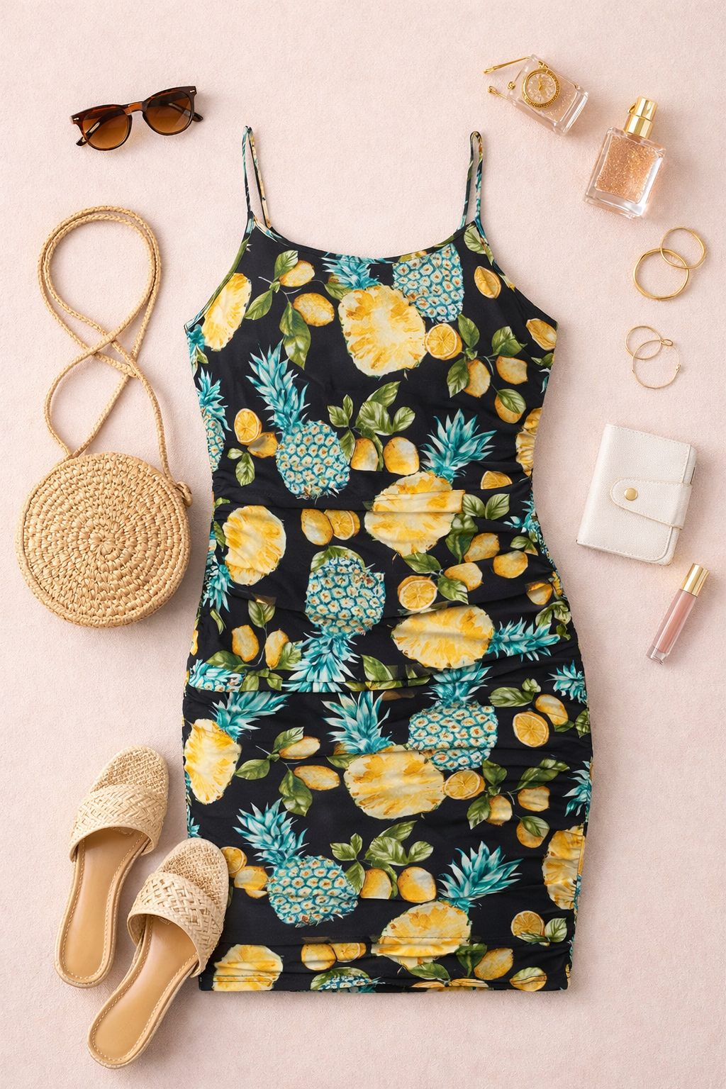 Robe camisole froncée imprimé fruits