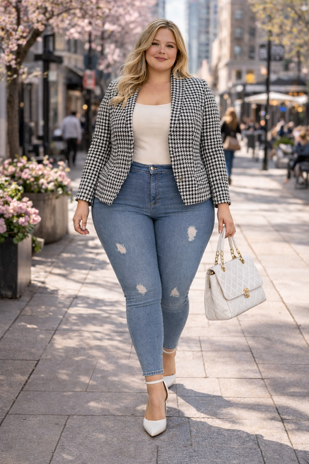Blazer pied-de-poule à manches 3/4