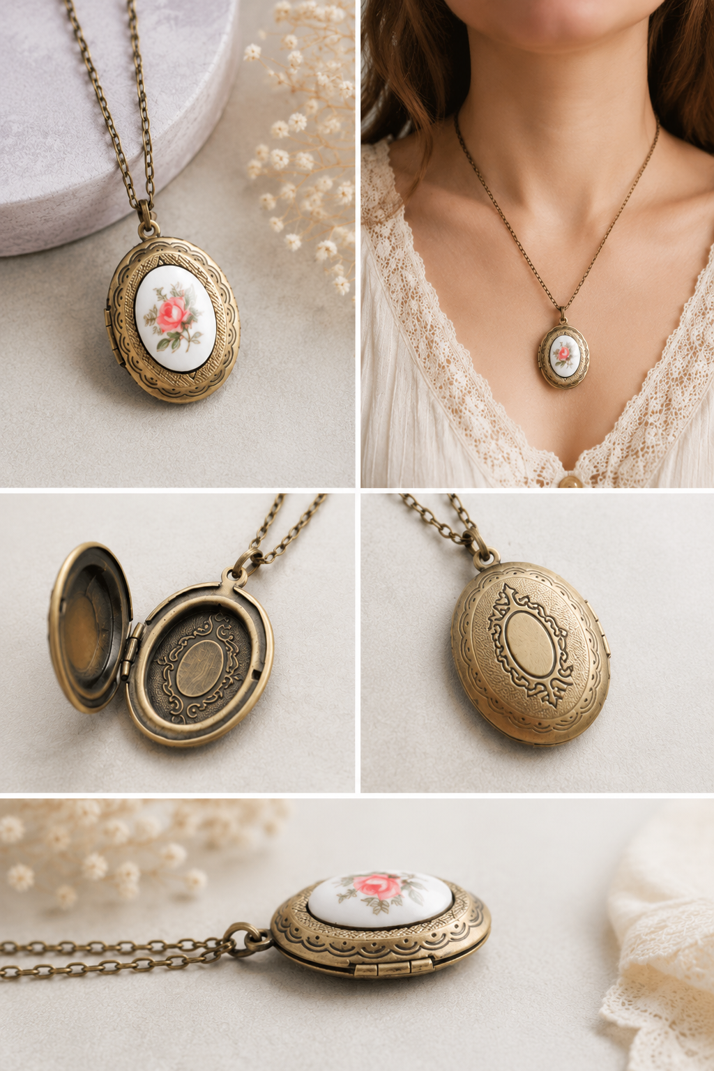Collier médaillon vintage à la rose (20 pouces)