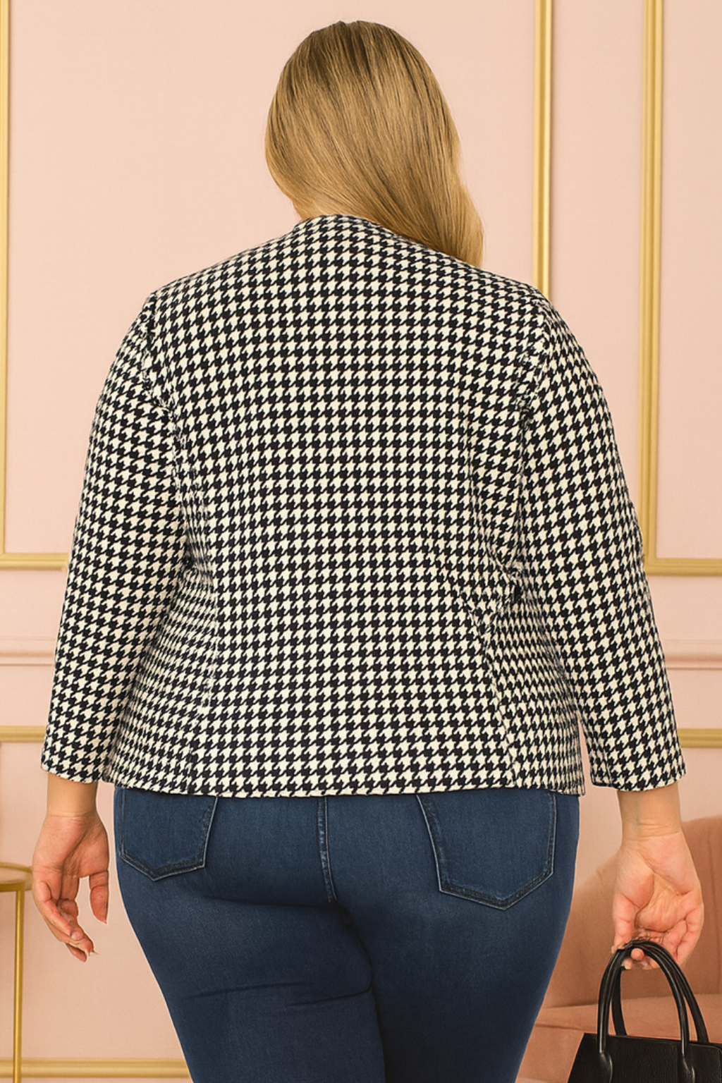 Blazer pied-de-poule à manches 3/4