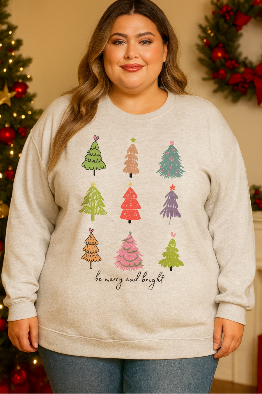 Crew neck multicolored christmas trees