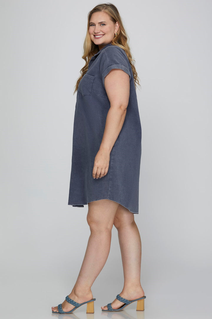 Robe blouse bleu denim en twill avec poches
