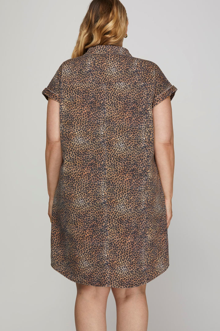 Twill leopard blouse dress with pockets