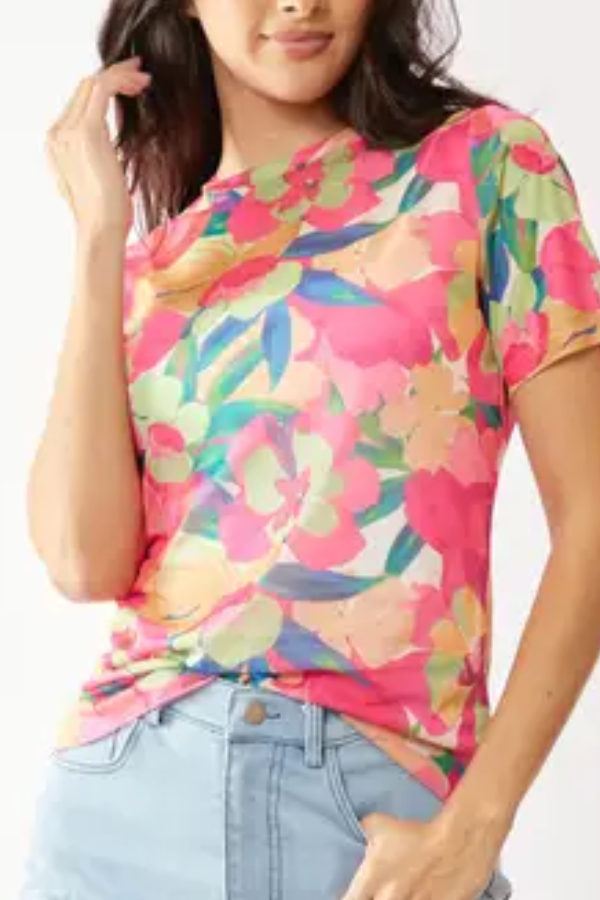 Haut Mesh Tropical Bloom - Rose
