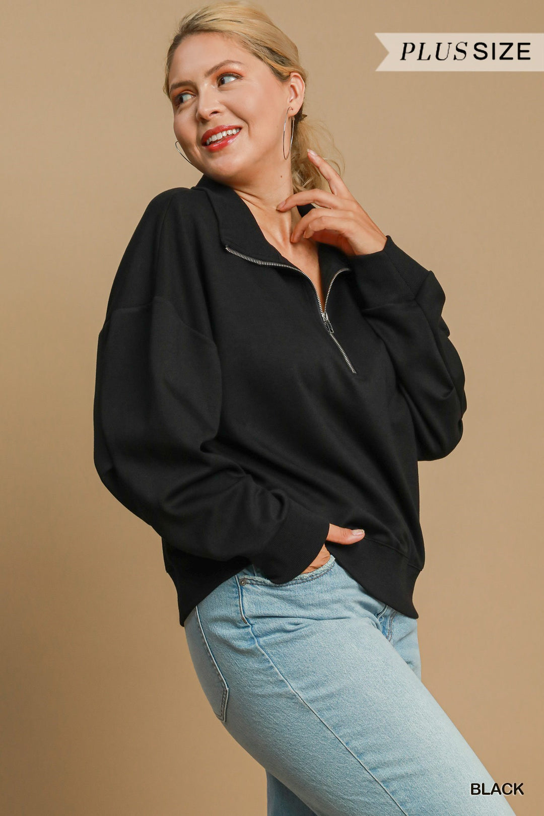Haut demi-zip luxeknit - Noir - 100% extensible