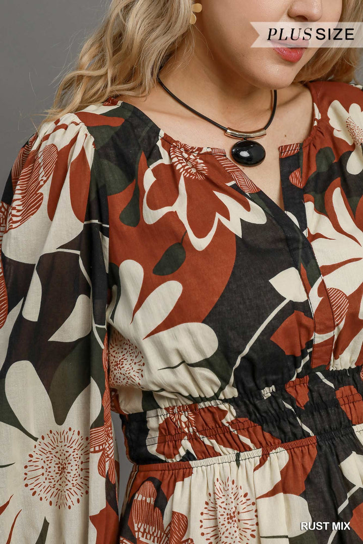 Robe smockée à imprimé abstrait en coton