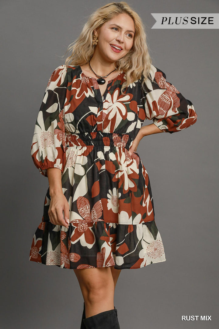 Robe smockée à imprimé abstrait en coton