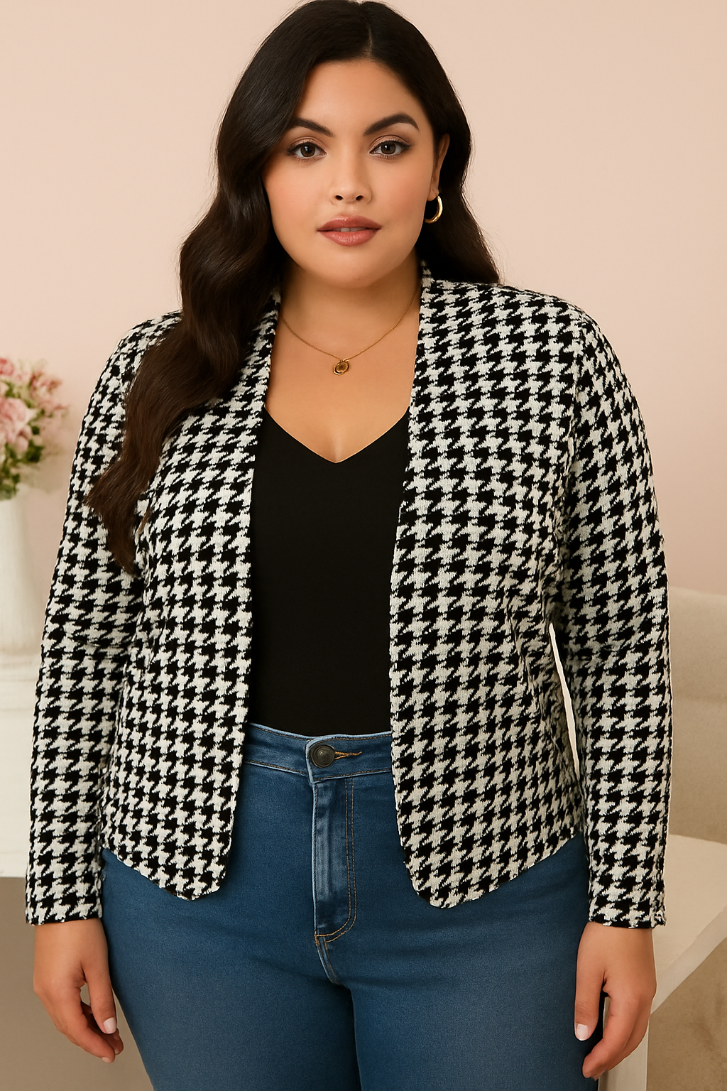 Blazer pied-de-poule à manches 3/4