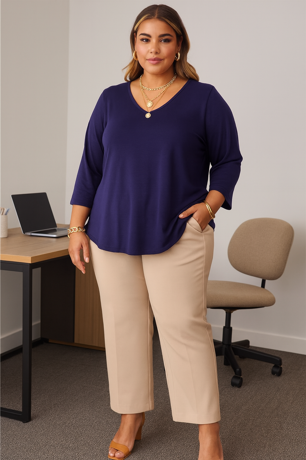 Wrinkle-free basic top 3/4 sleeve - Navy