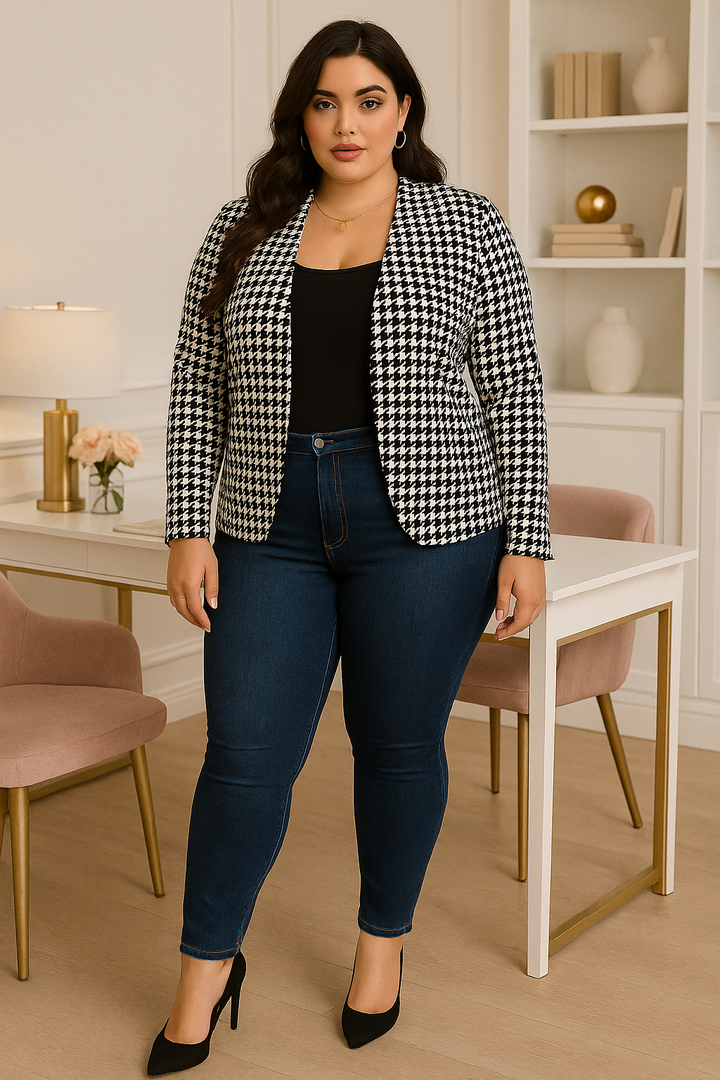 Blazer pied-de-poule à manches 3/4