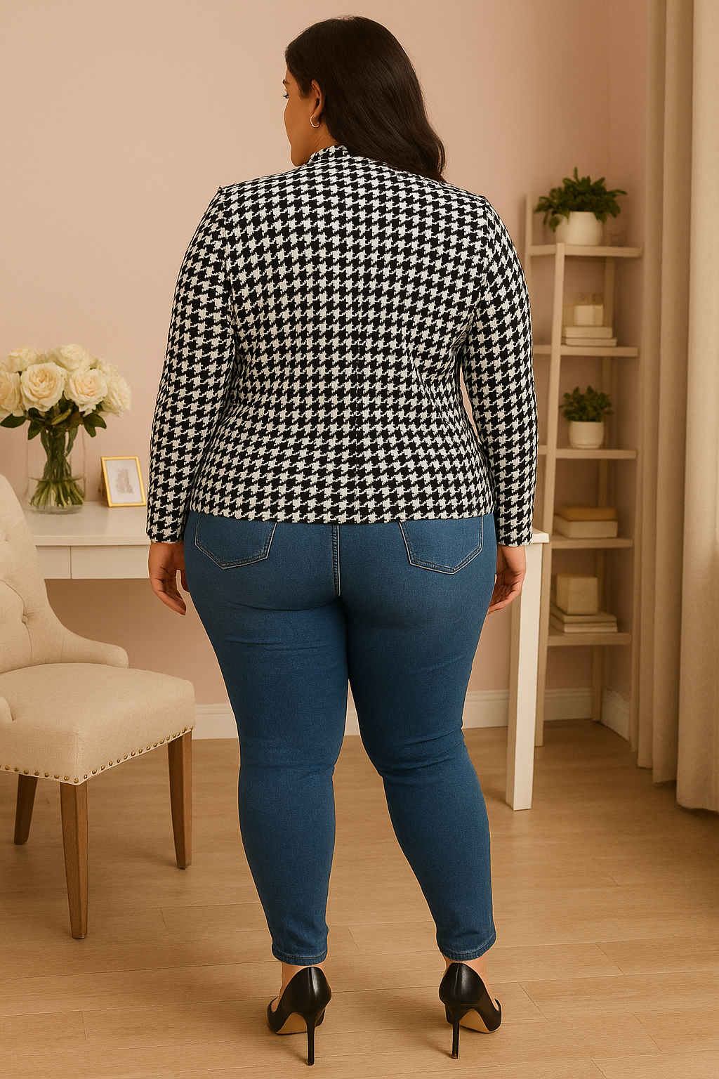 Blazer pied-de-poule with 3/4 sleeves